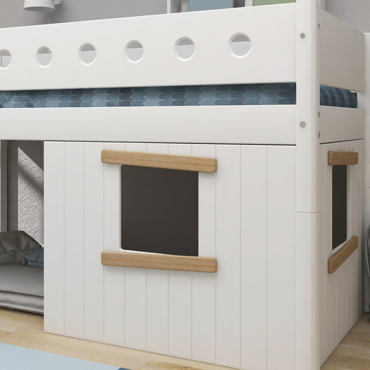 Flexa. White mid-high bed with straight ladder and treehouse bed Fronts - 210cm - White / Natural