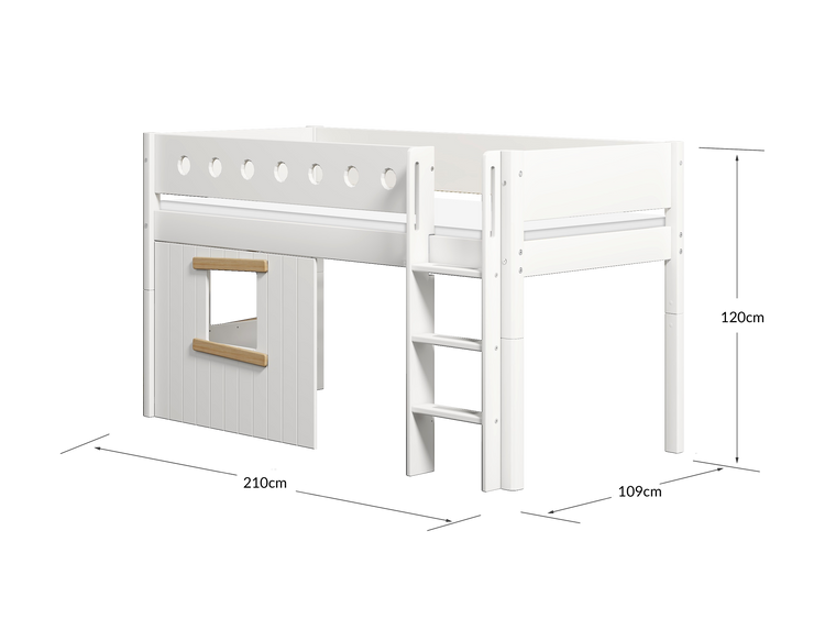 Flexa. White mid-high bed with straight ladder and treehouse bed Fronts - 210cm - White / Natural