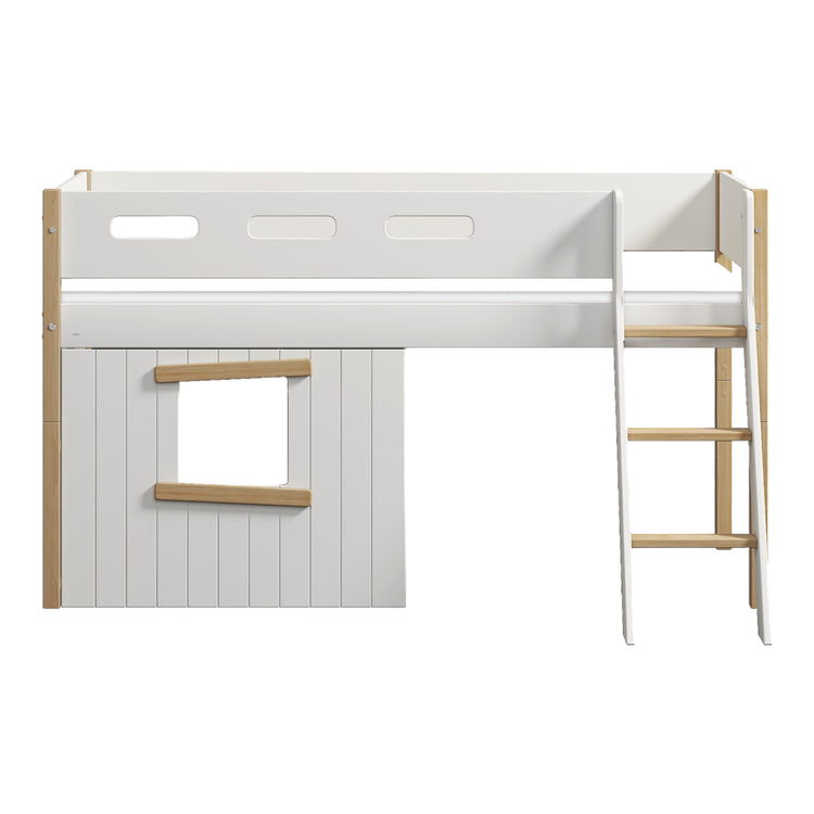 Flexa. Nor mid-high bed with slanting ladder and treehouse bed Fronts - 210cm - White / Oak