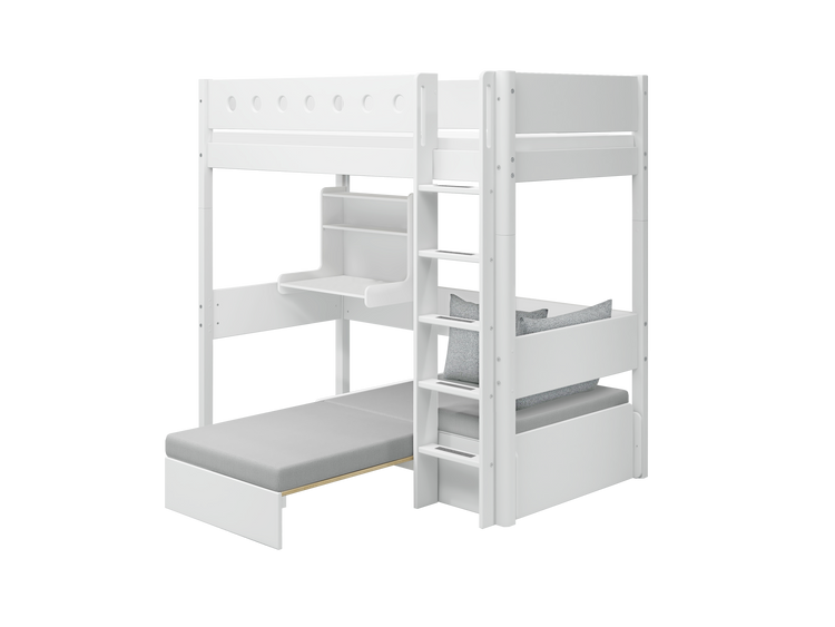 Flexa. White high bed with casa module and straight ladder - 210cm - White