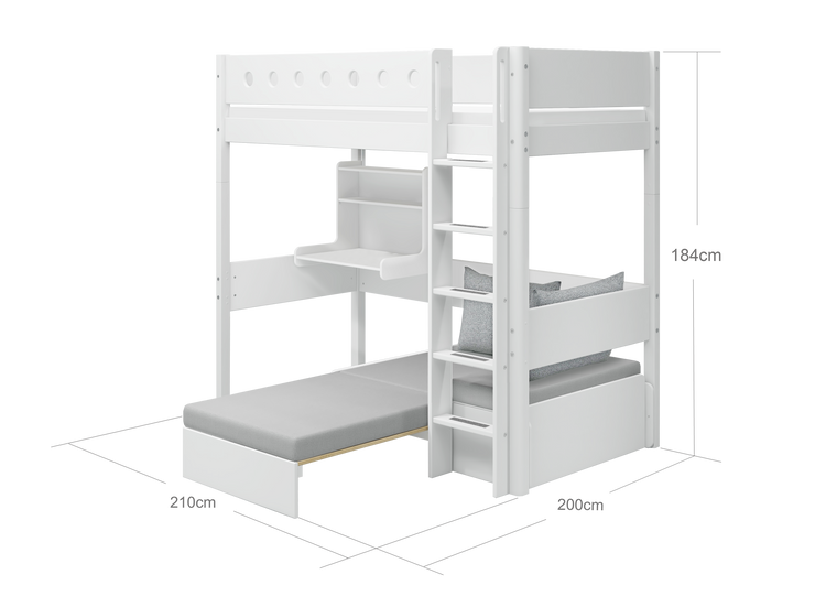 Flexa. White high bed with casa module and straight ladder - 210cm - White