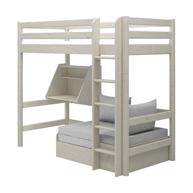 Flexa. Classic high bed with casa module and straight ladder - 210cm - White washed