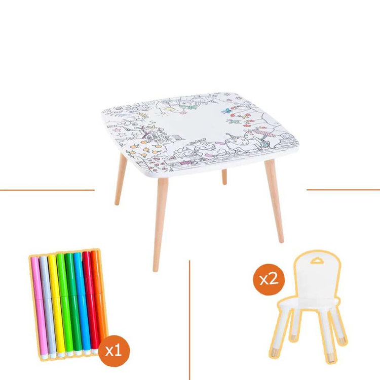 LES DROLES DE BOUILLES. Wooden colouring & activity table + 2 Chairs Safari