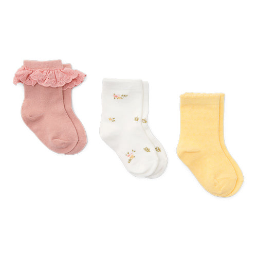 LITTLE DUTCH. Σετ 3 ζευγάρια κάλτσες Flower Pink / White Meadows / Honey Yellow