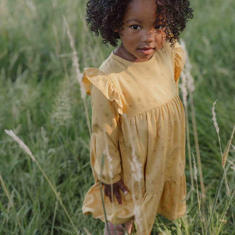 LITTLE DUTCH. Φορεματάκι μακρυμάνικο με βολάν Warm Yellow Blooming Flower