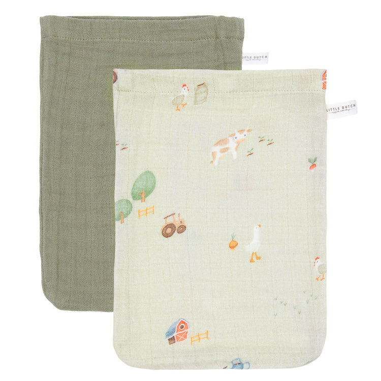 LITTLE DUTCH. Washcloths set muslin Little Farm / Olive