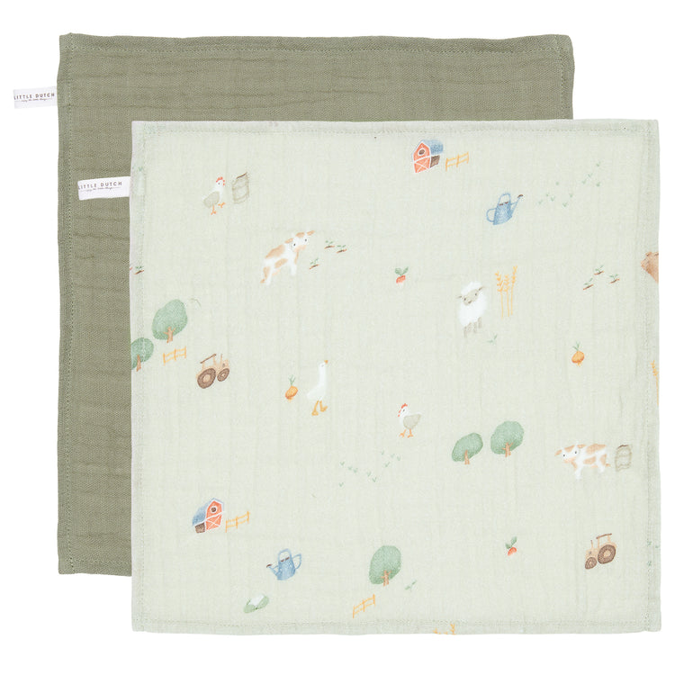 LITTLE DUTCH. Facecloths set muslin Little Farm / Olive