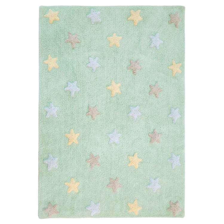 Lorena Canals. Χαλί δωματίου πράσινο μέντας με αστέρια θαλασσί, κίτρινο, καφέ. Stars soft mint
