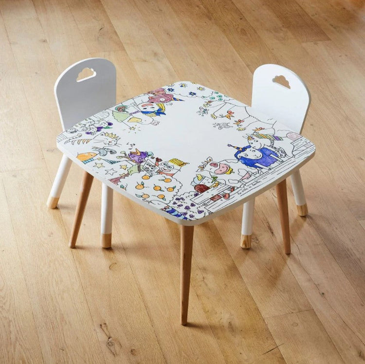 LES DROLES DE BOUILLES. Wooden colouring & activity table + 2 Chairs The Forest