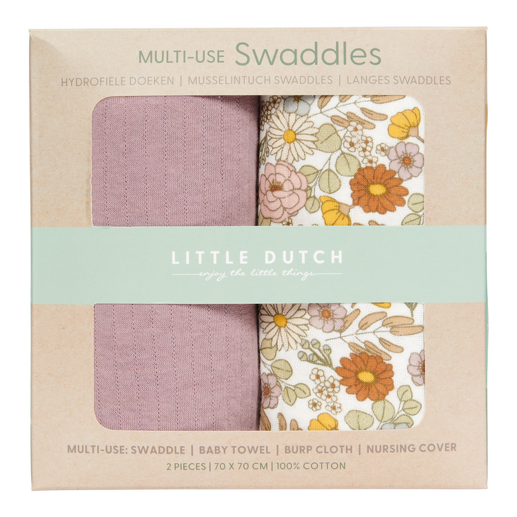 LITTLE DUTCH. Multi-use swaddles set/2 Vintage Little Flowers/Pure Mauve